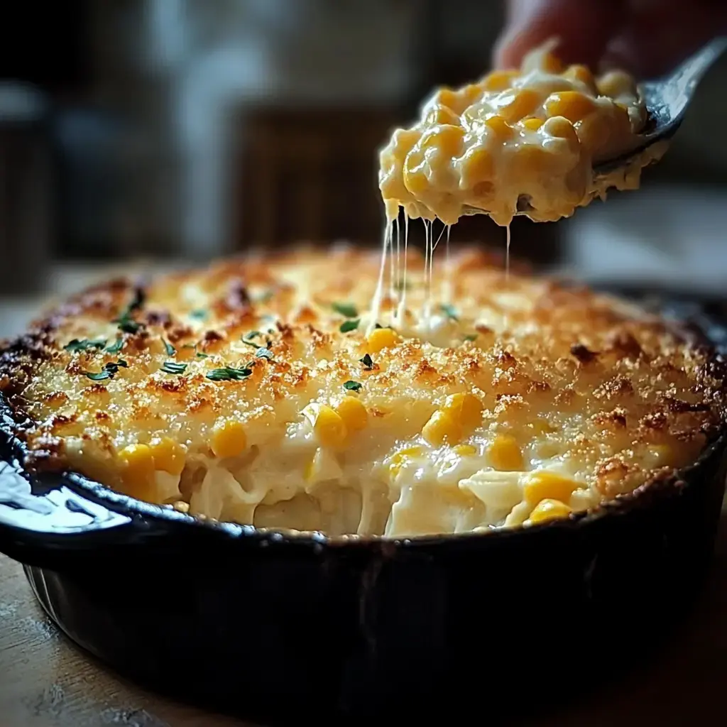 A super creamy, cheesy pasta casserole with crisp bread crumbs and bursts of sweet corn, ready to scoop and serve from the dish.
