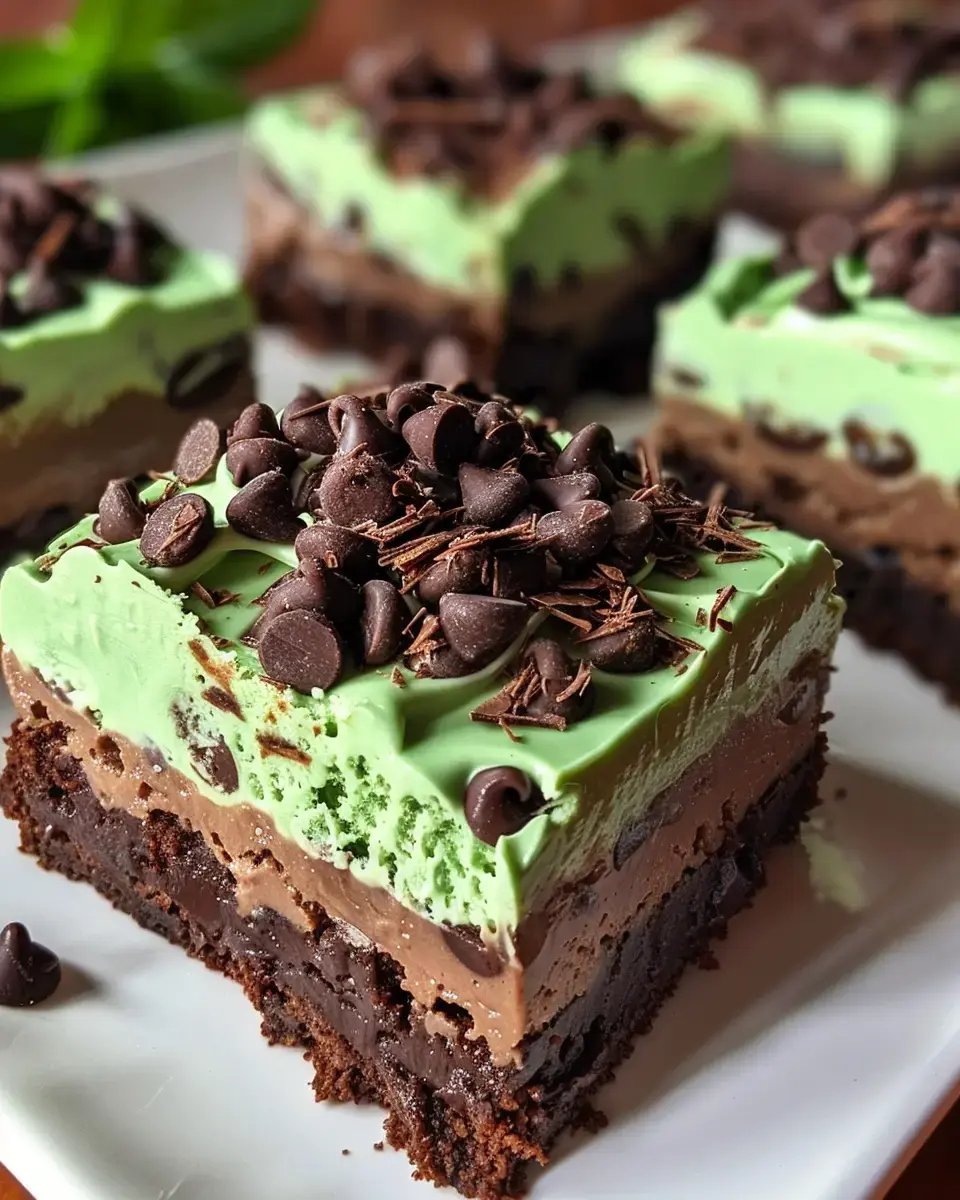 You’re looking at a dessert stacked with a fudge brownie base, a minty mousse layer, and a smooth green top, finished off with chocolate chips on top.