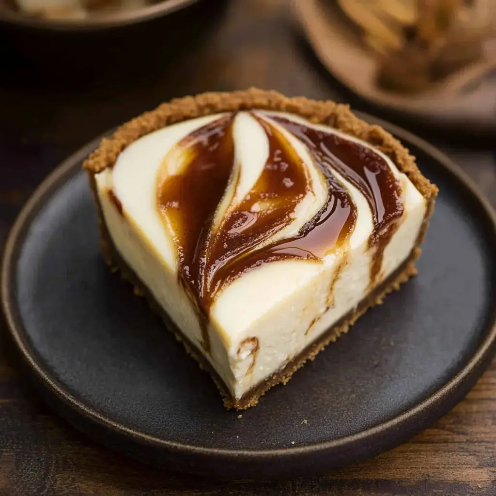 A wedge of cheesecake showing fluffy filling with caramel swirls served on a dark dish.