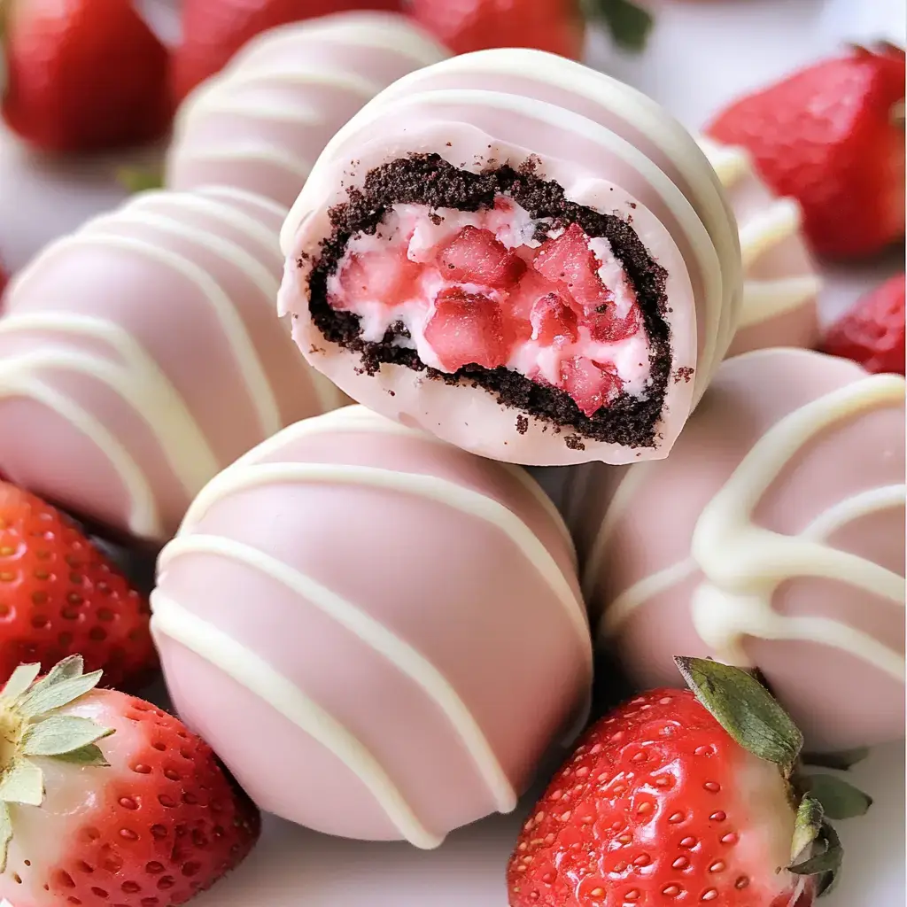 Close-up: pink truffle-style treats with a strawberry center, fresh whole berries nearby.