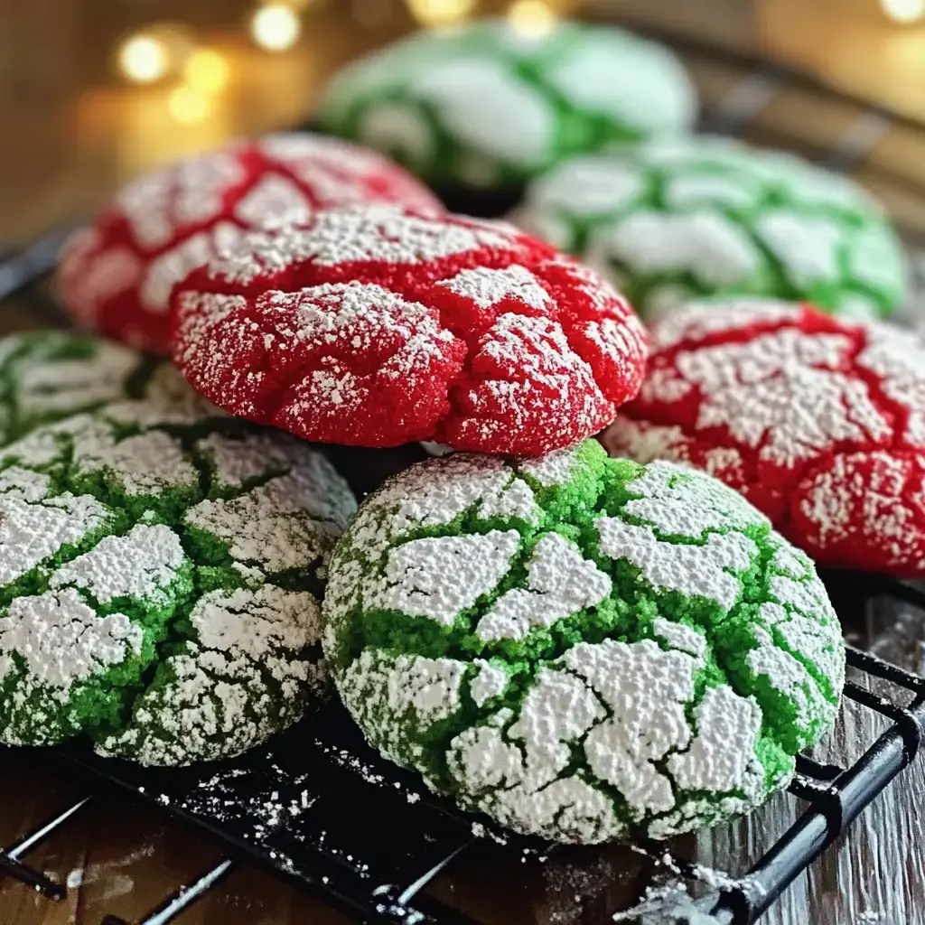 Bright red and green crinkle cookies with a thick coat of powdered sugar sit on a rack under some cozy lighting.