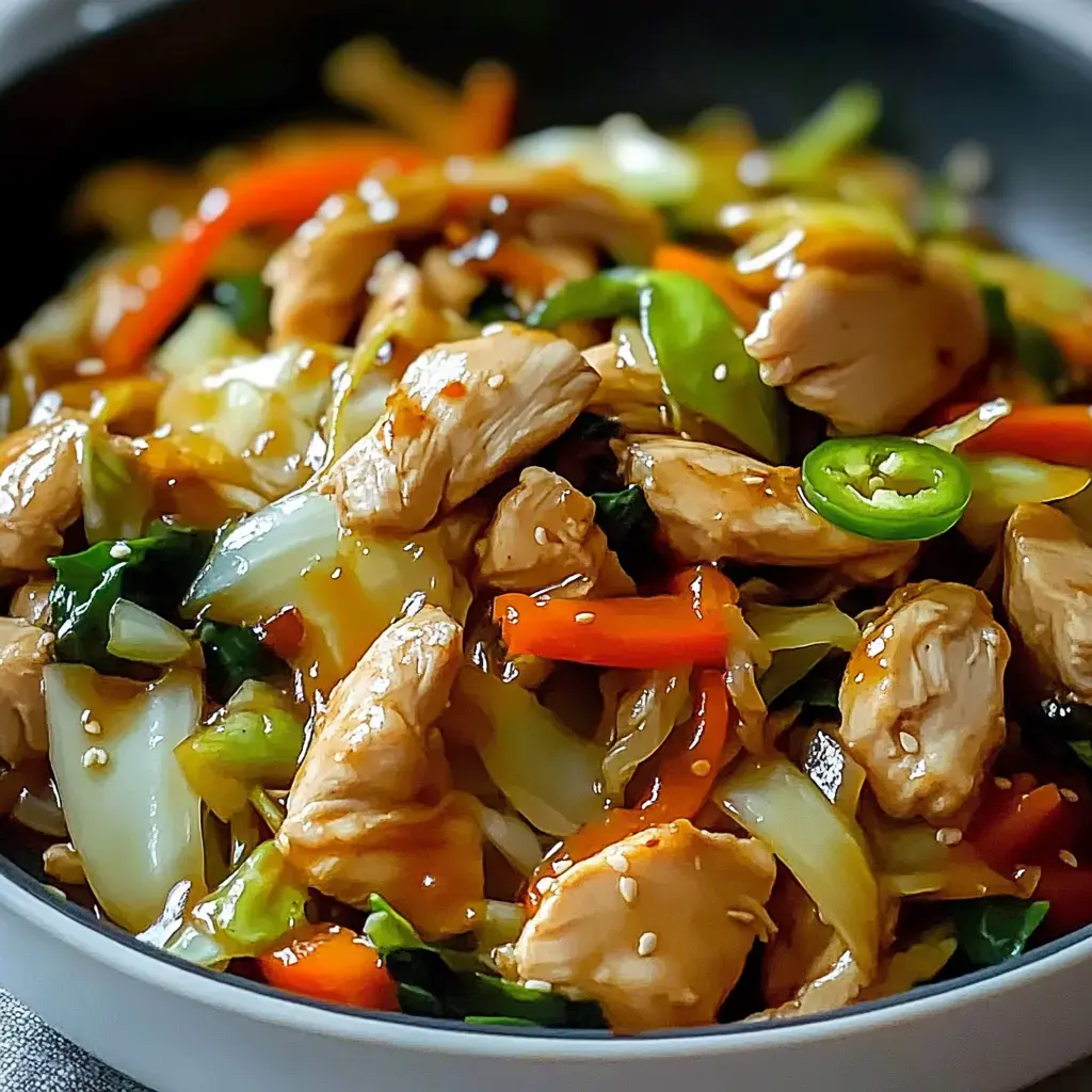 A zoom-in shot of a mouthwatering chicken stir-fry with bright veggies in a glossy sauce.