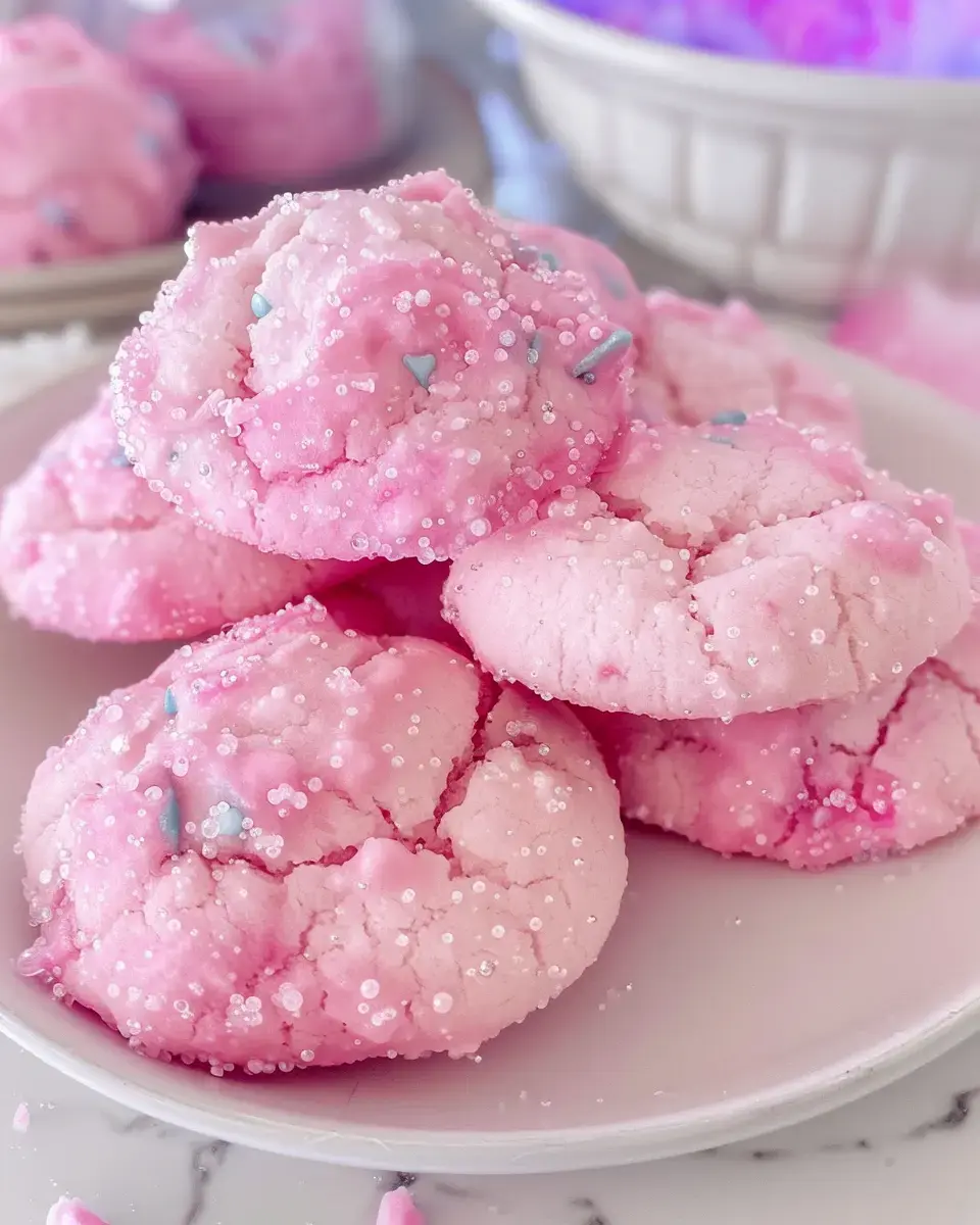 Up-close shot of puffy pink cookies with shiny sugar and little blue sprinkles, all piled on a white plate.