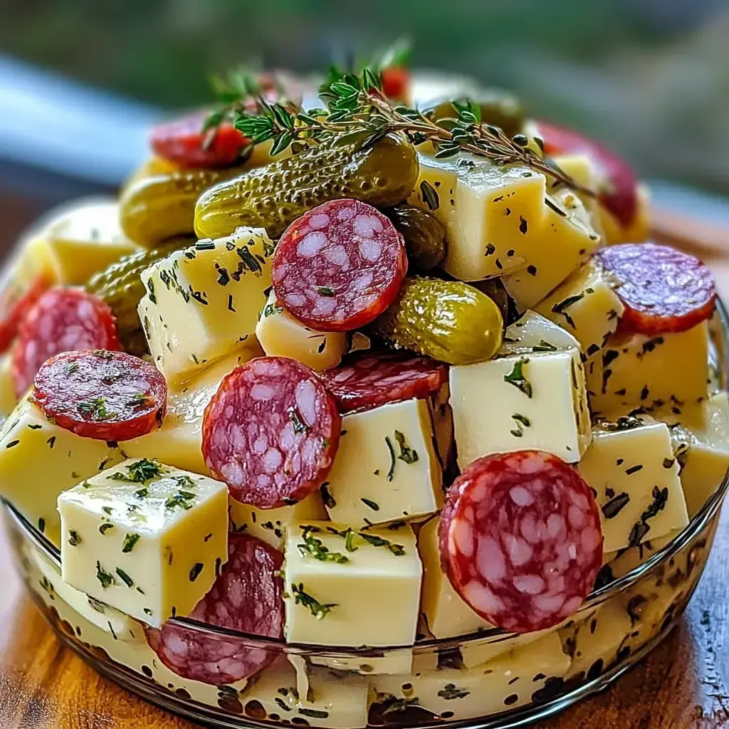 Glass bowl packed with chunks of cheese, salami rounds, tiny pickles, and some fresh herbs on top.