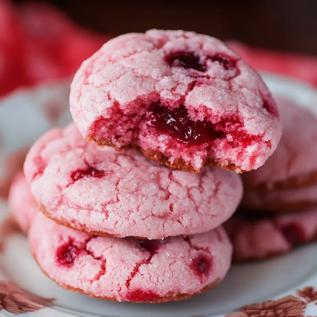 Stacked pink cookies with a shiny cherry middle, one with a bite out.