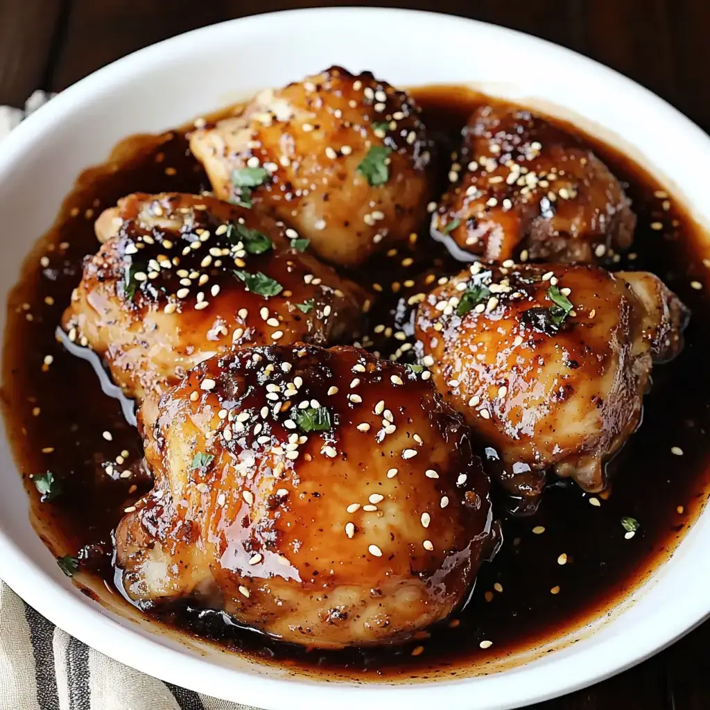 A white plate loaded with succulent, glossy chicken thighs smothered in rich sauce, topped with sesame seeds and fresh herbs.