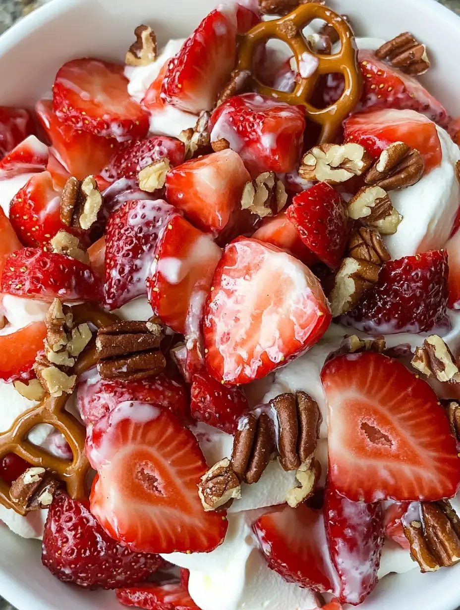 Bright bowl showing strawberries, whipped cream, crunchy pretzel bits, and toasted pecans close up.