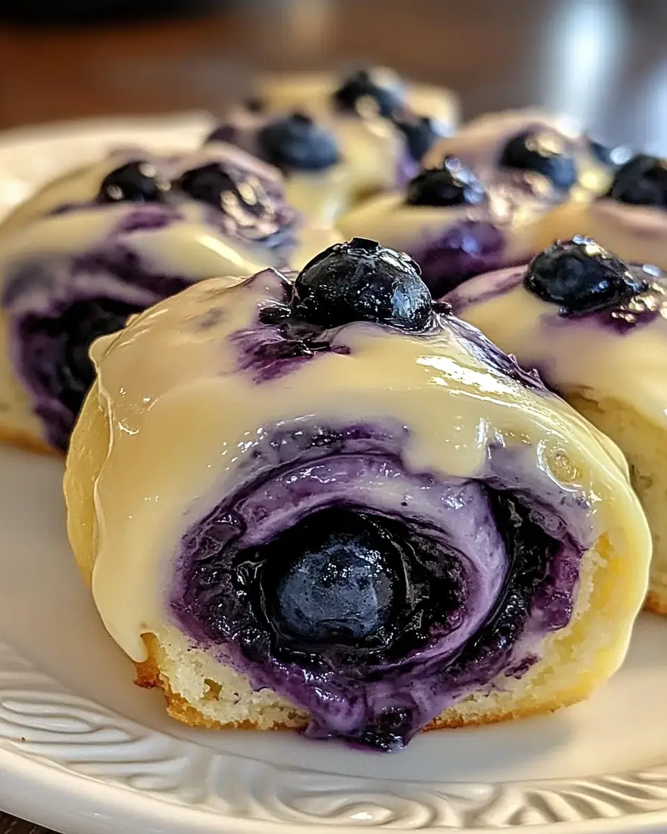 Close-up shot of a pastry roll oozing blueberry filling, topped with icing and some fresh berries.