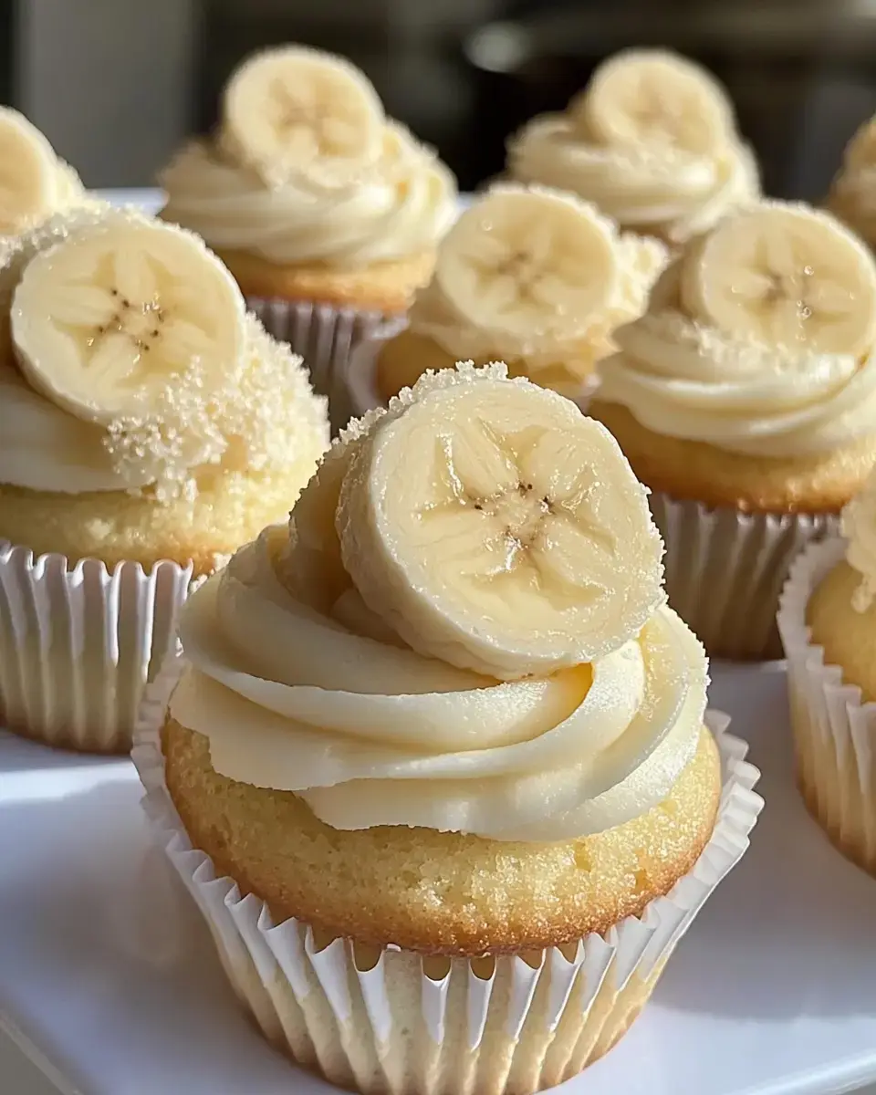 Close-up of banana cupcakes with soft frosting and banana slices on top.