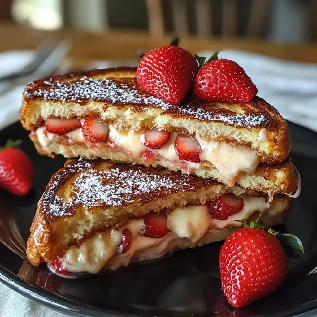 Slices of French toast packed with cream and fresh strawberries, sprinkled with powdered sugar and topped with strawberry halves.