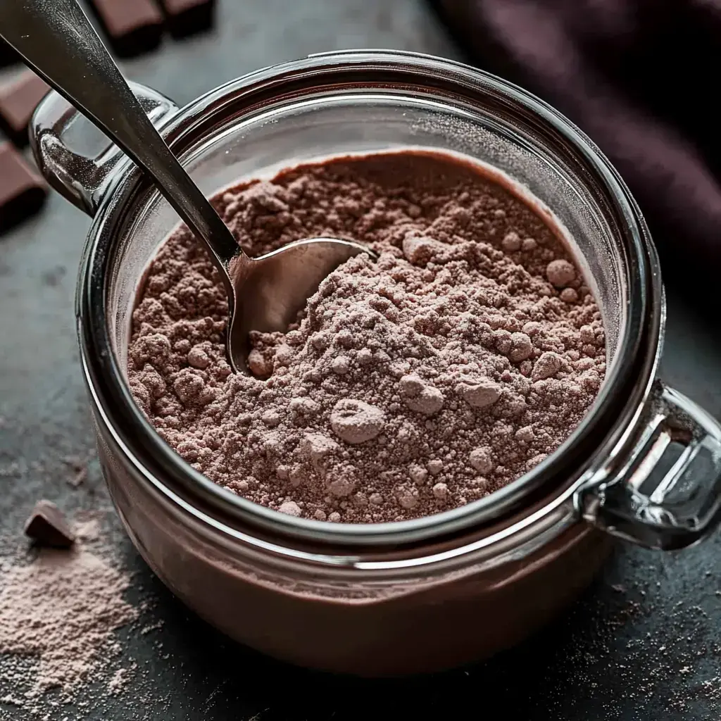 A glass jar filled with cocoa mix showing a spoon dipped inside, surrounded by chocolate chunks on the counter.