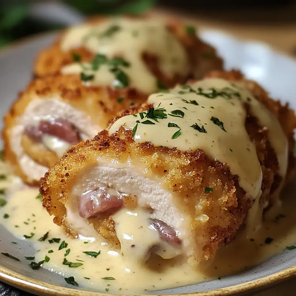 Chicken rolls stuffed with cheese and ham, fried crisp, topped with creamy sauce and sprinkled with parsley, sitting on a plate.