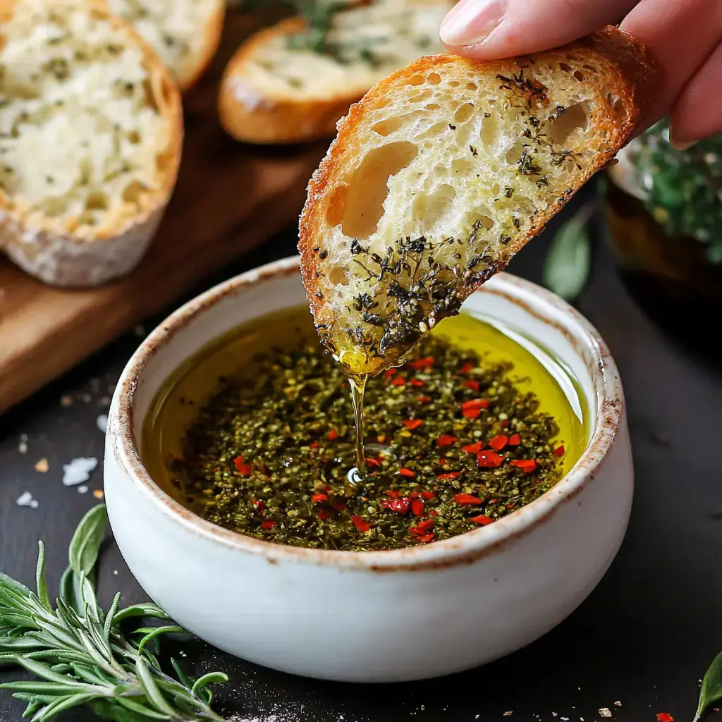 Someone dipping a herb-coated bread piece into a dish of seasoned olive oil sprinkled with red pepper.