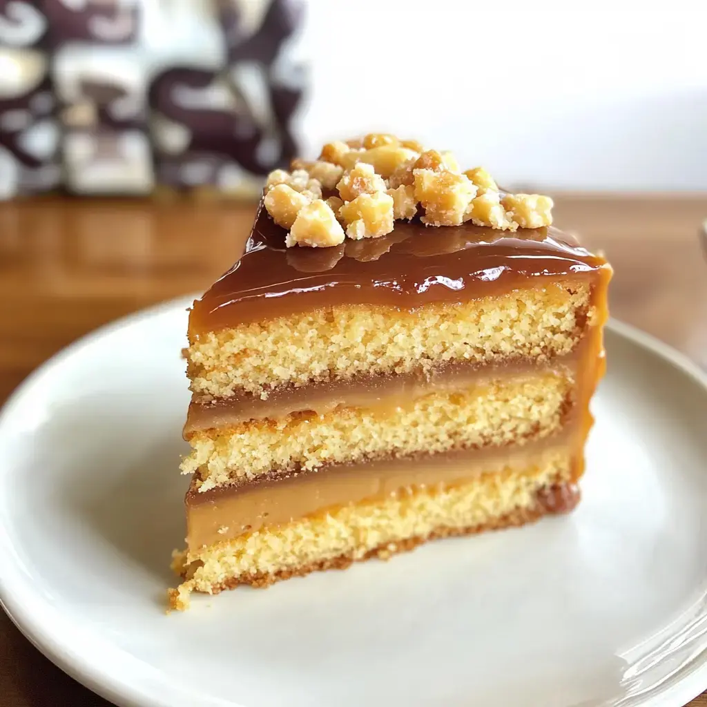 A piece of soft cake stacked with caramel icing and sprinkled nuts, sitting pretty on a white plate.