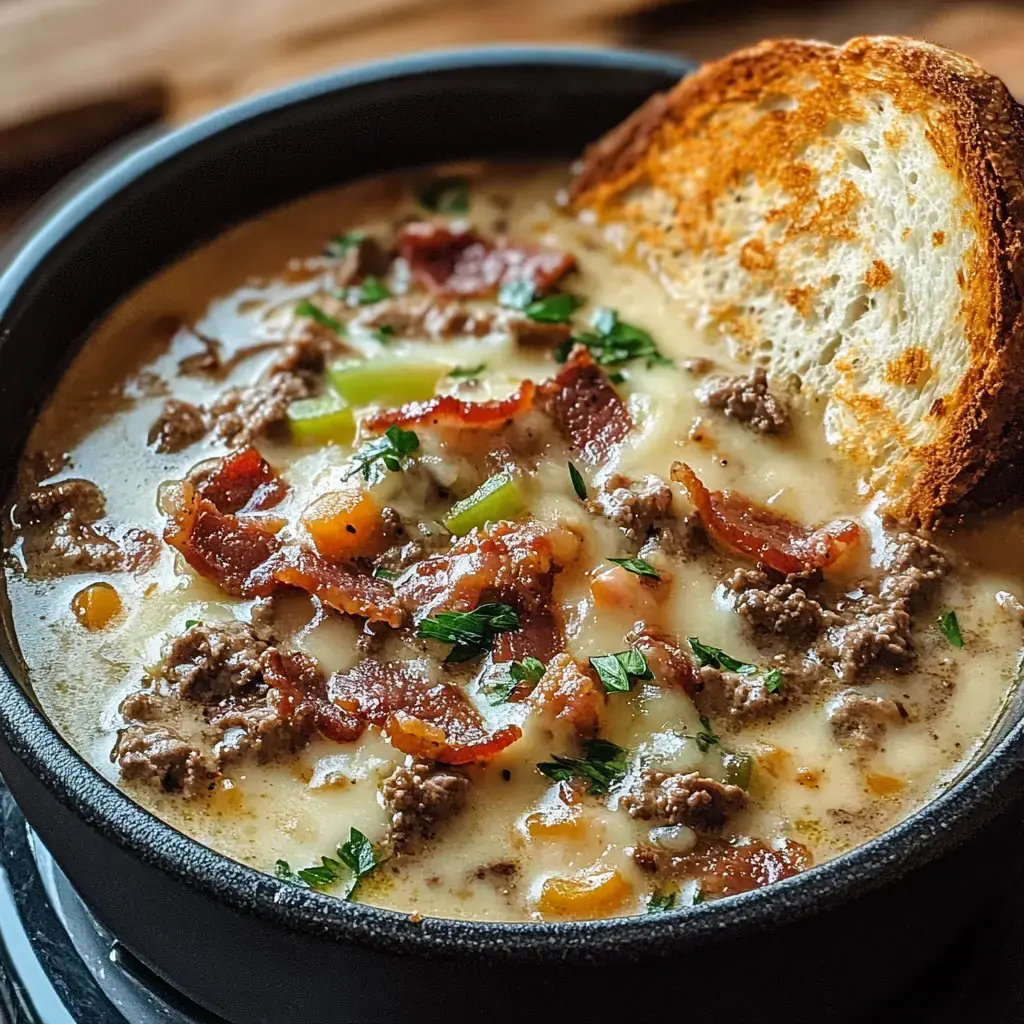 A steaming bowl of thick soup garnished with bacon bits, beef chunks, diced veggies, and fresh parsley, sitting next to golden cheese toast.