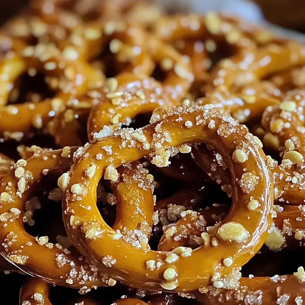A close shot of shiny brown pretzels tossed with chunky sugar crystals and peanuts.