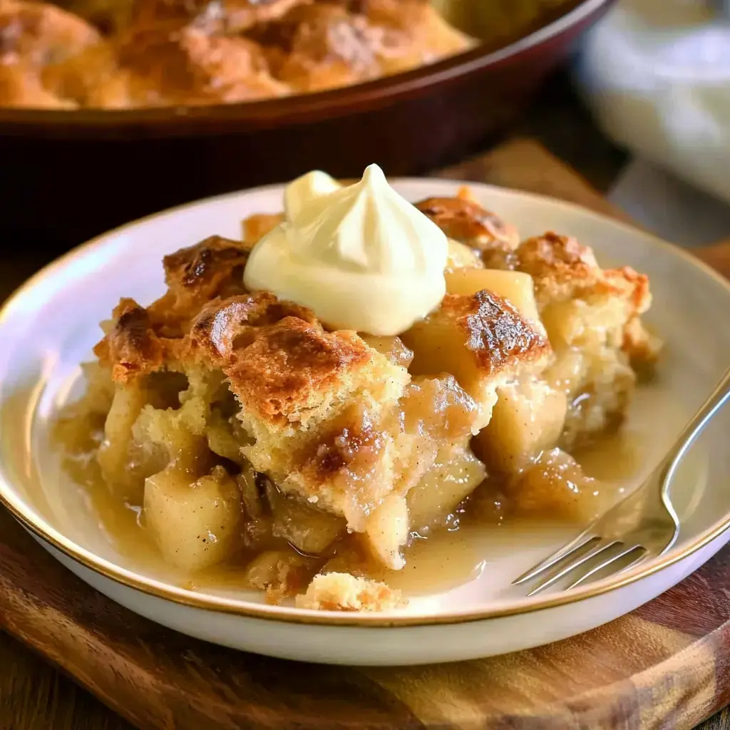 A slice of warm apple dessert with cream on a white dish.