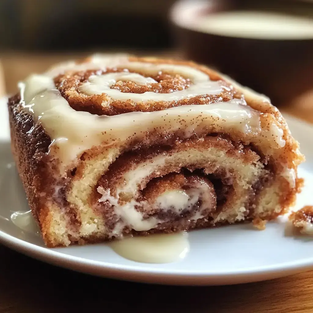 A rich slice of cinnamon cake topped with thick glaze, sitting on a simple white plate.