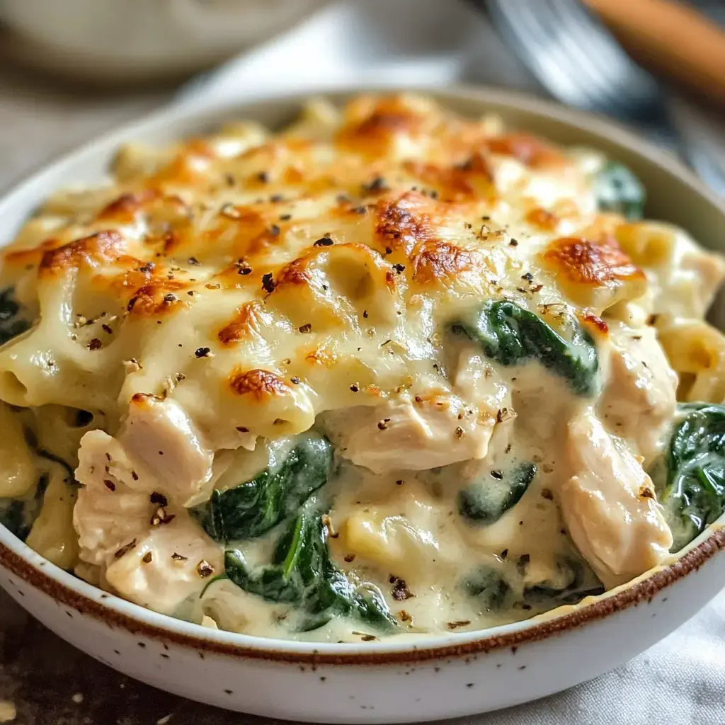 Chicken and spinach plus melty cheese on top, all cozied up together in a white bowl.