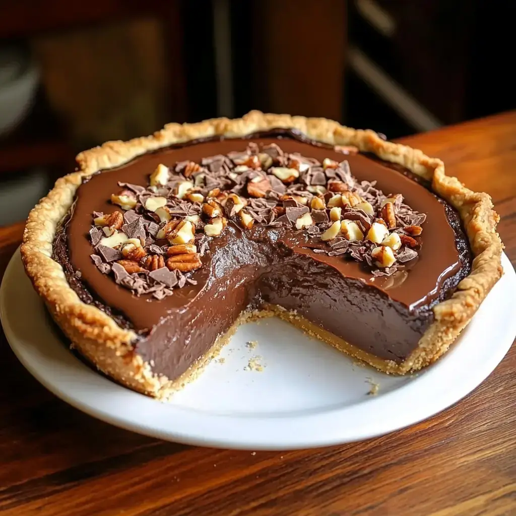 A slice removed from a dark chocolate pie, garnished with chopped nuts and chocolate bits, sitting on a white dish.