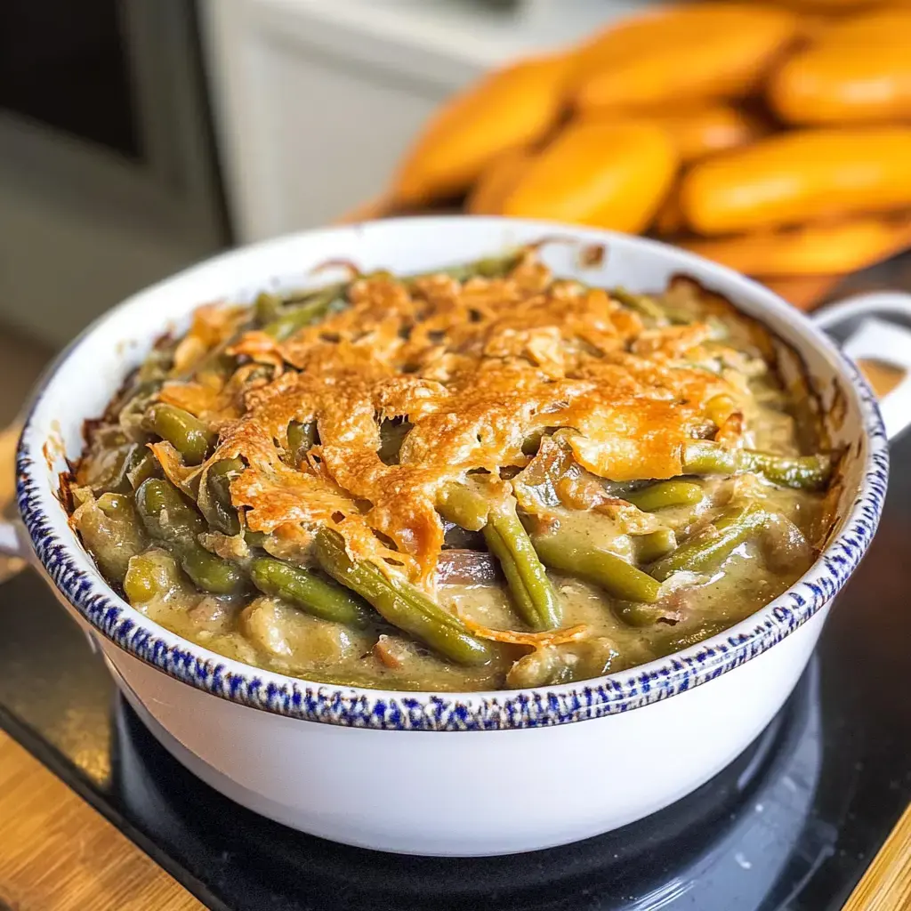 A warm, bubbly green bean casserole topped with golden brown onions sits in a white dish, with bright yellow bananas in the background.