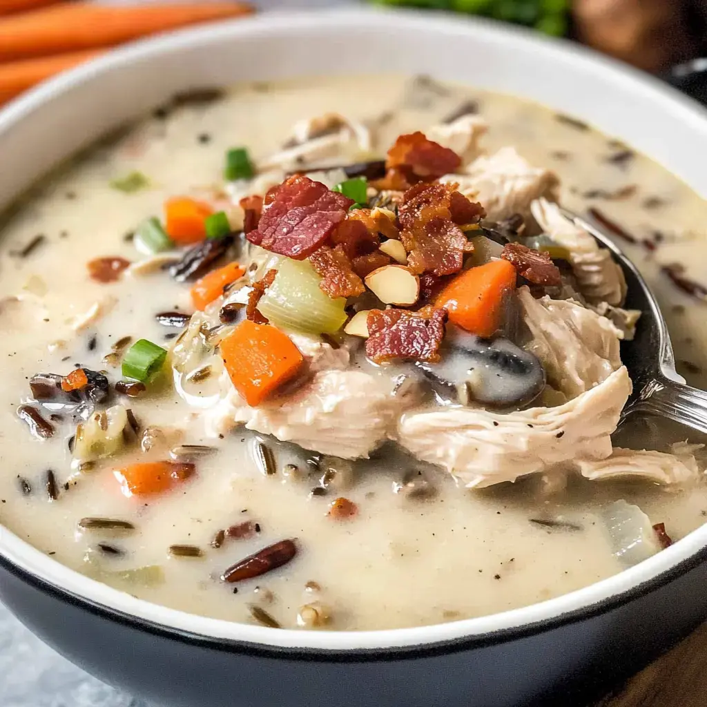 Creamy chicken wild rice soup loaded with bacon, veggies, and wild rice close up in a bowl.