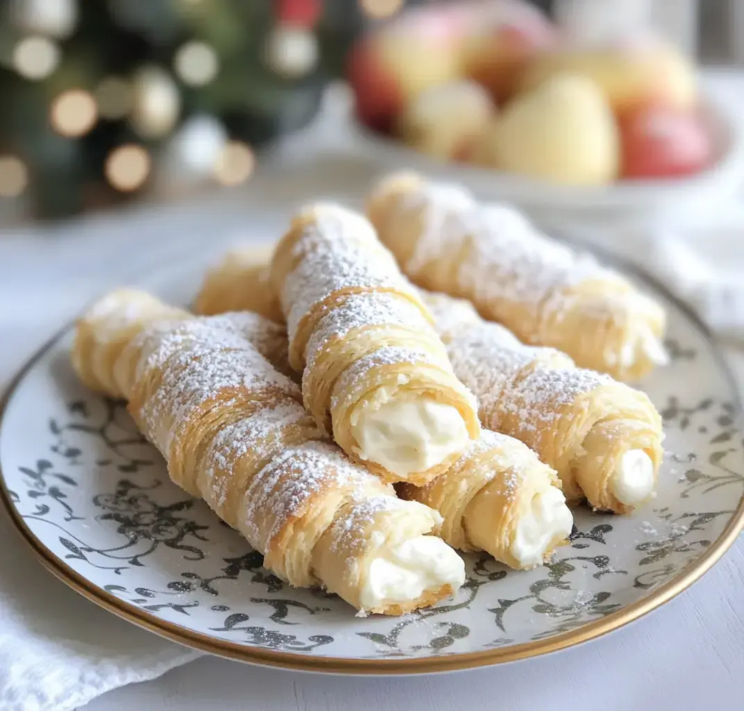 A plate stacked with golden pastry tubes dusted with powdered sugar, fruit peeking in from the back.