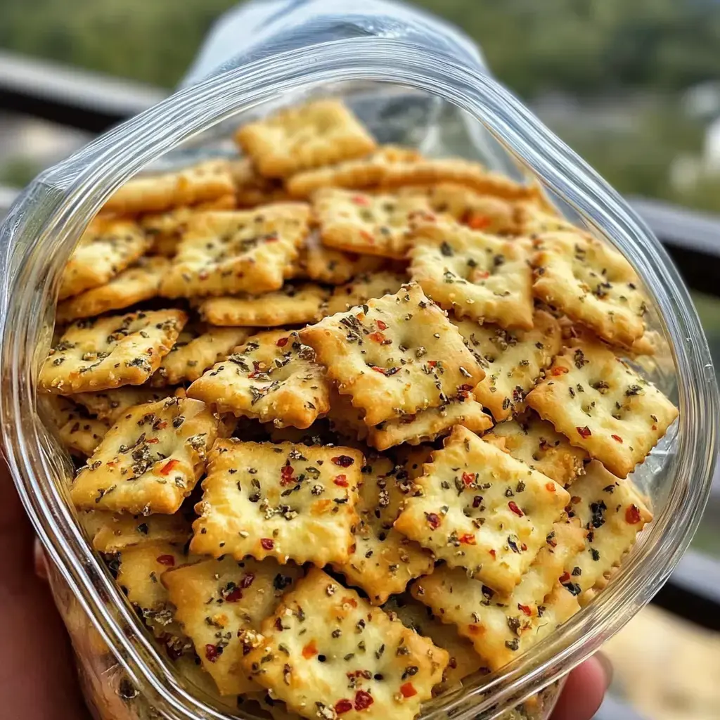 A simple plastic box is filled up with spiced up saltine crackers showing little green herbs and red flakes.
