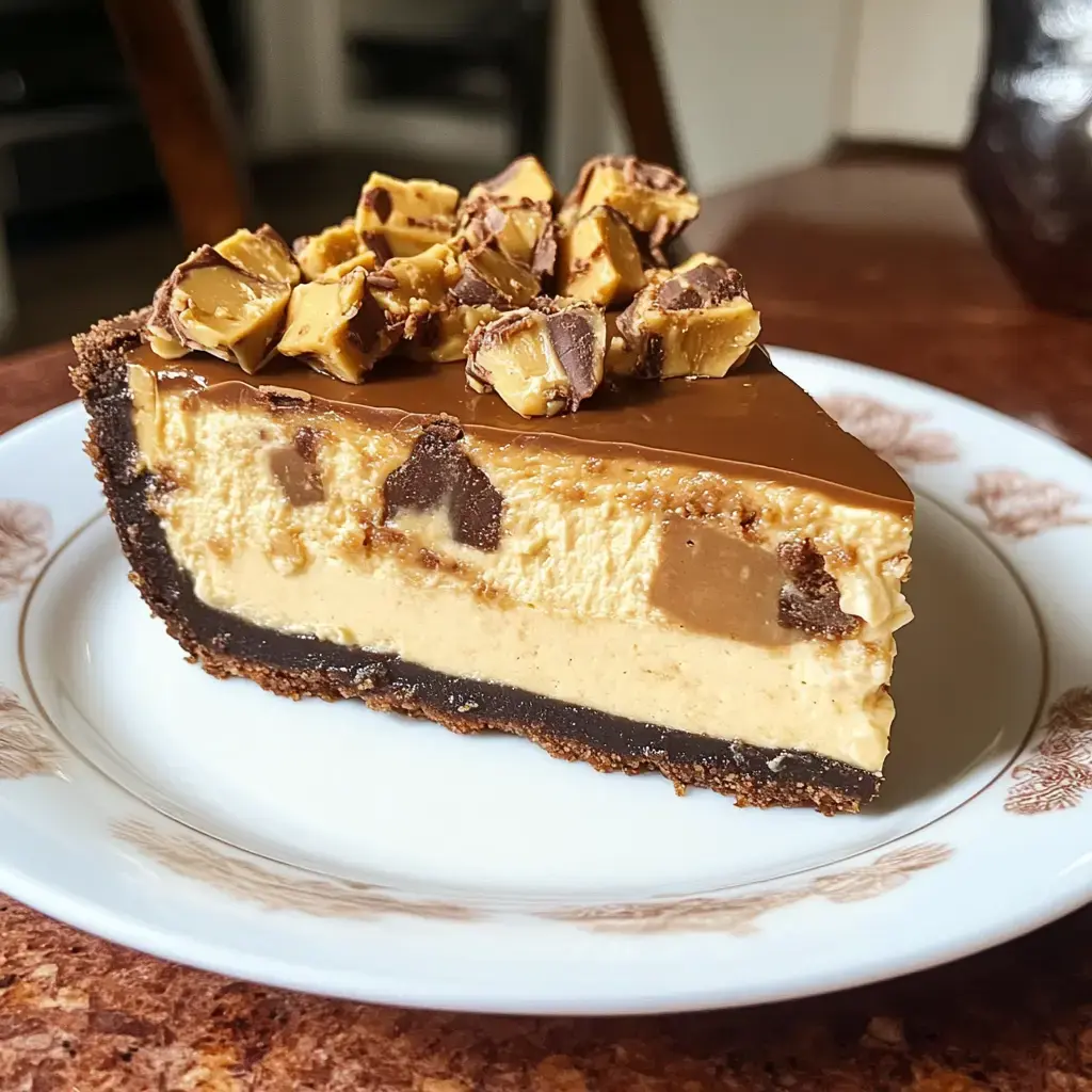 A chocolatey crust holds creamy peanut butter filling, topped with chocolate and PB candy pieces, ready to slice and enjoy.