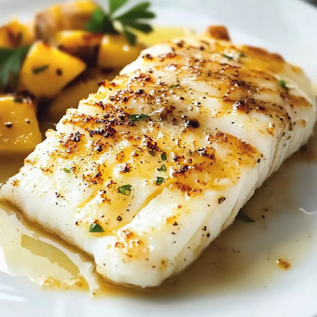 A perfectly cooked fish fillet with herb garnish, served next to golden roasted squash.