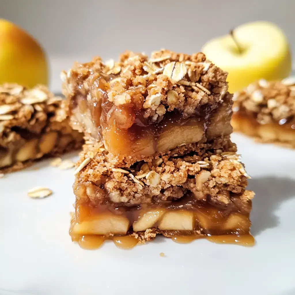 A zoomed-in shot of apple oat bars with crunchy topping and a yellow apple sitting nearby.