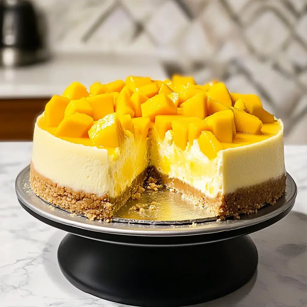 Slices of creamy mango cheesecake showing off that mango topping and buttery crust on a cake stand.