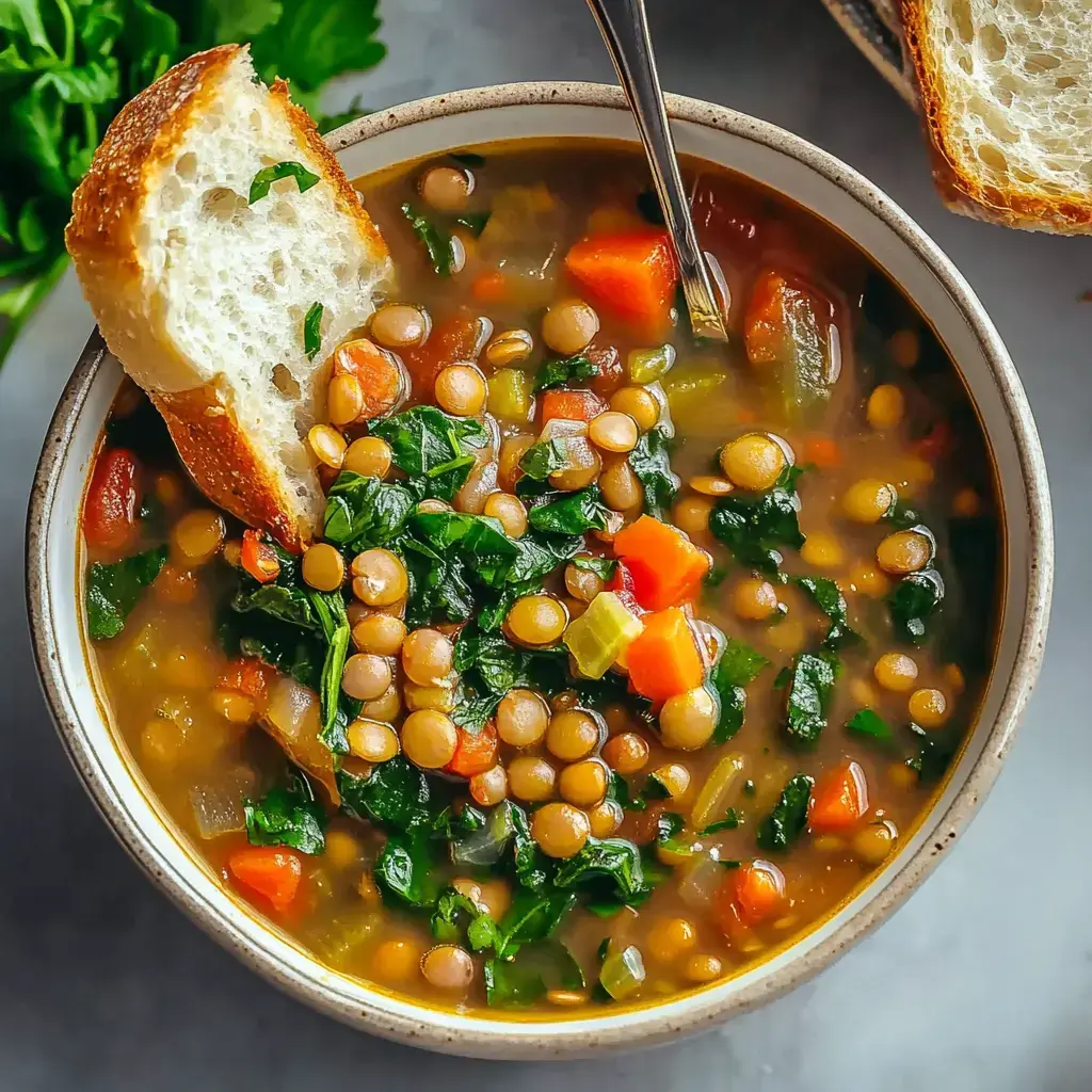 A steaming bowl of thick lentil stew with bright spinach leaves, colorful chopped veggies, and crusty bread alongside.
