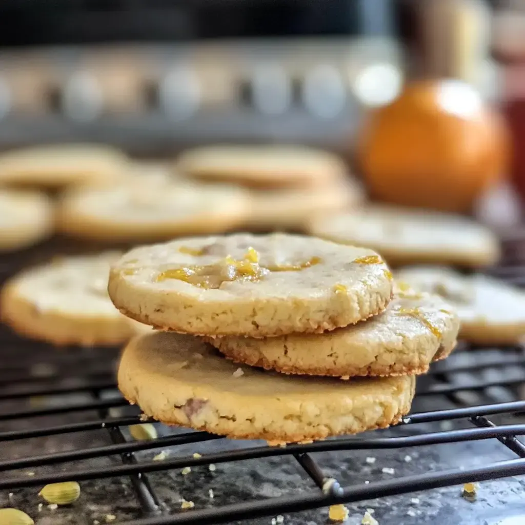 A few stacked cookies with a glossy glaze, resting on a rack, with more cookies and a blurred orange in the distance.