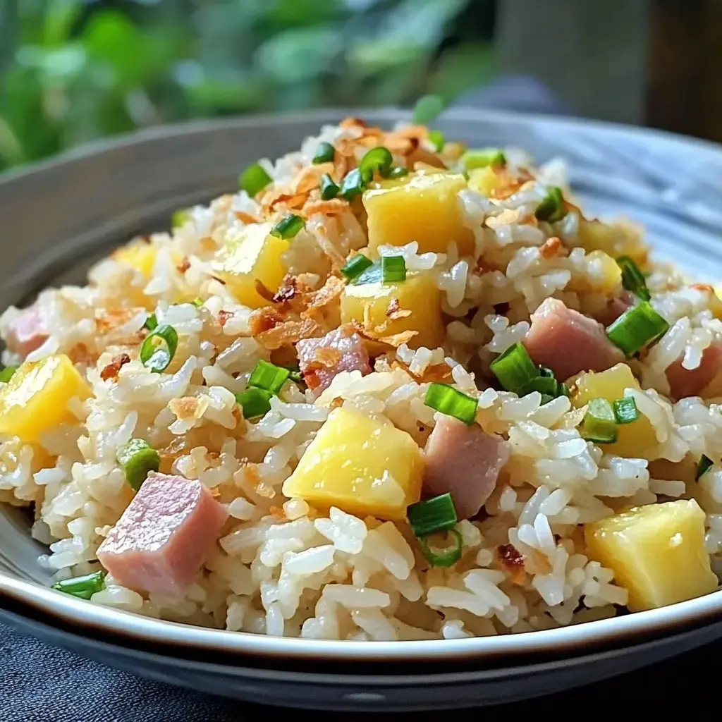 Bowl of fried rice showing off ham chunks, juicy pineapple, green onions, and crisp coconut.