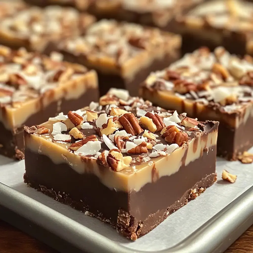 Close-up showing chocolate squares layered with coconut and pecans on top.