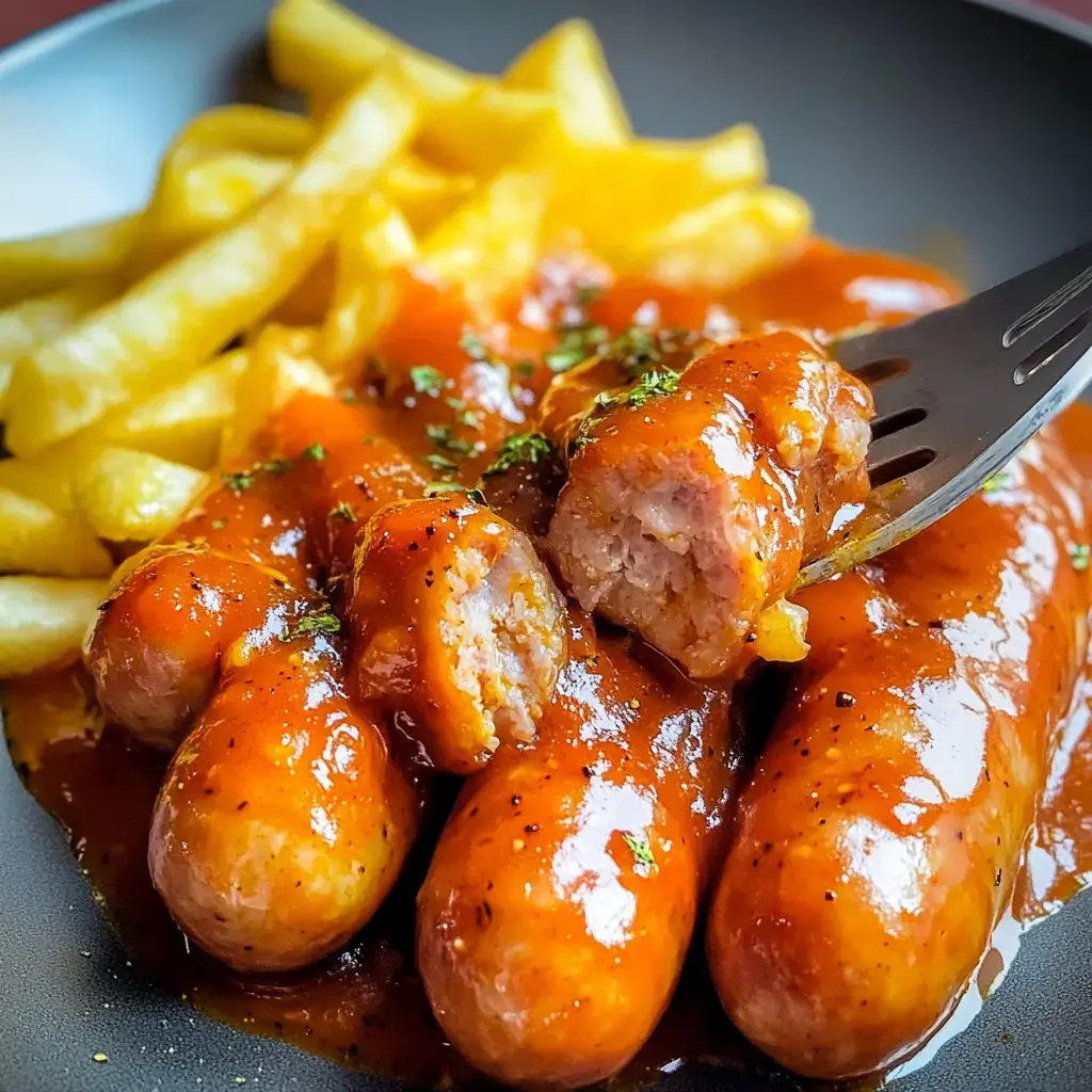 Sausages smothered in deep red sauce next to golden fries on a dark dish.