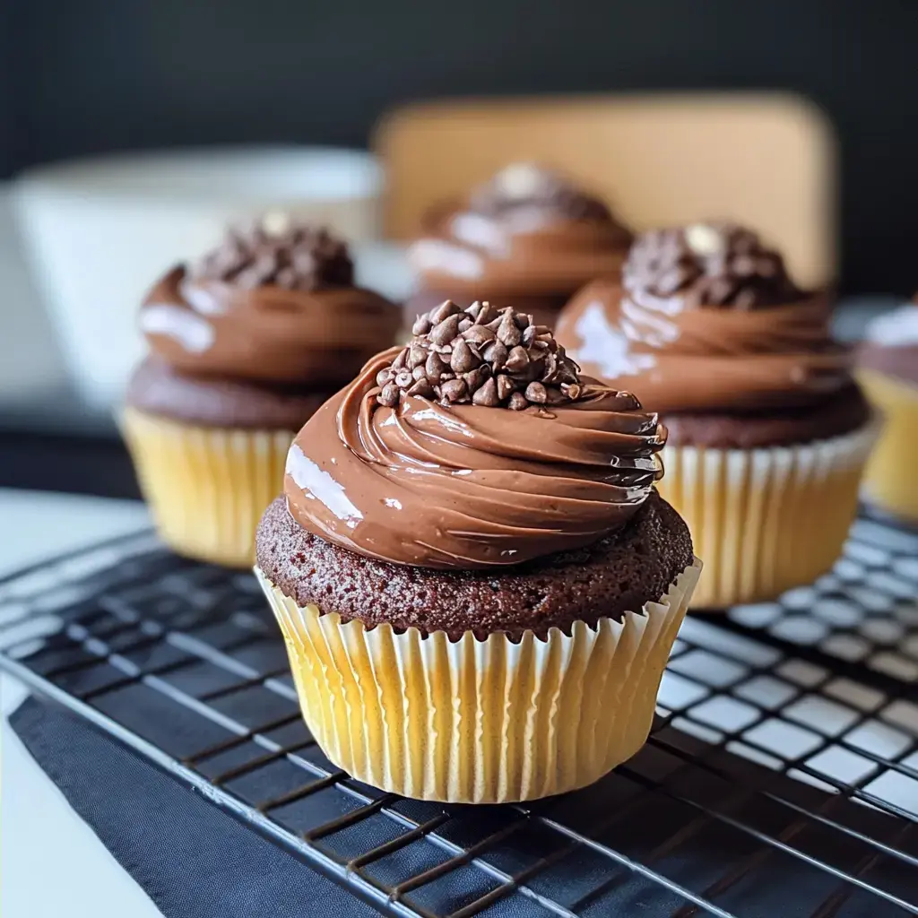 Zoomed-in shot of chocolatey cupcakes with swirly chocolate icing and sprinkles, sitting on a metal rack.