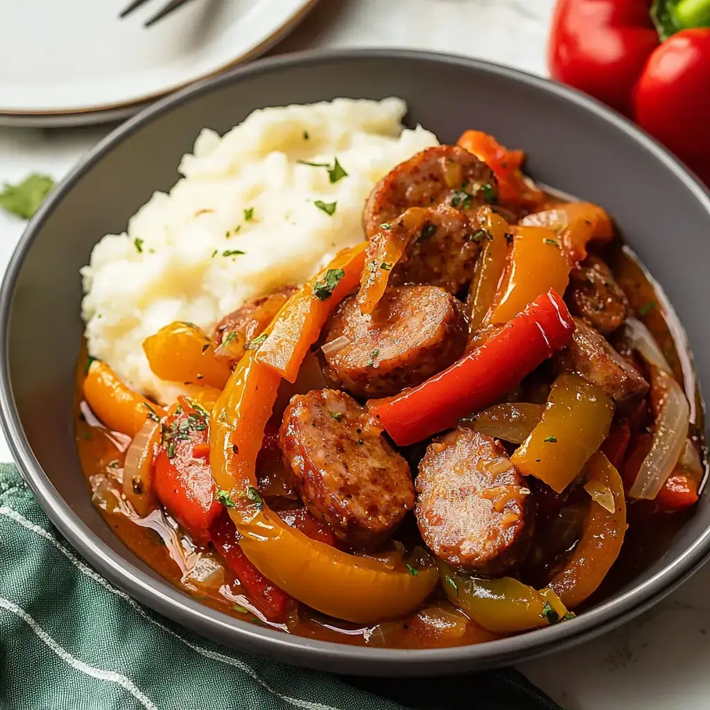 A steaming bowl of sausage with colorful bell peppers next to fluffy mashed potatoes, topped with green herbs.
