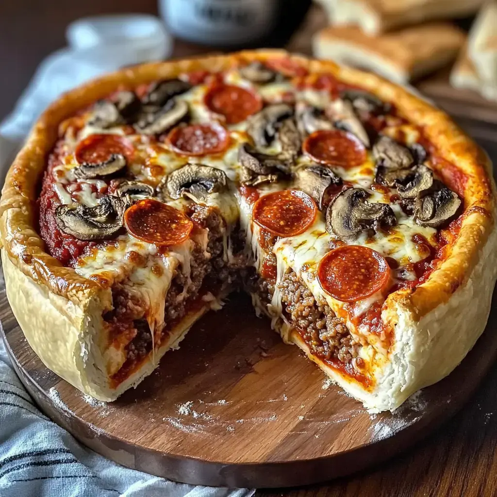 A thick wedge of deep pizza with cheese, meat, mushrooms, and pepperoni sits on a wooden board, showing off gooey layers.