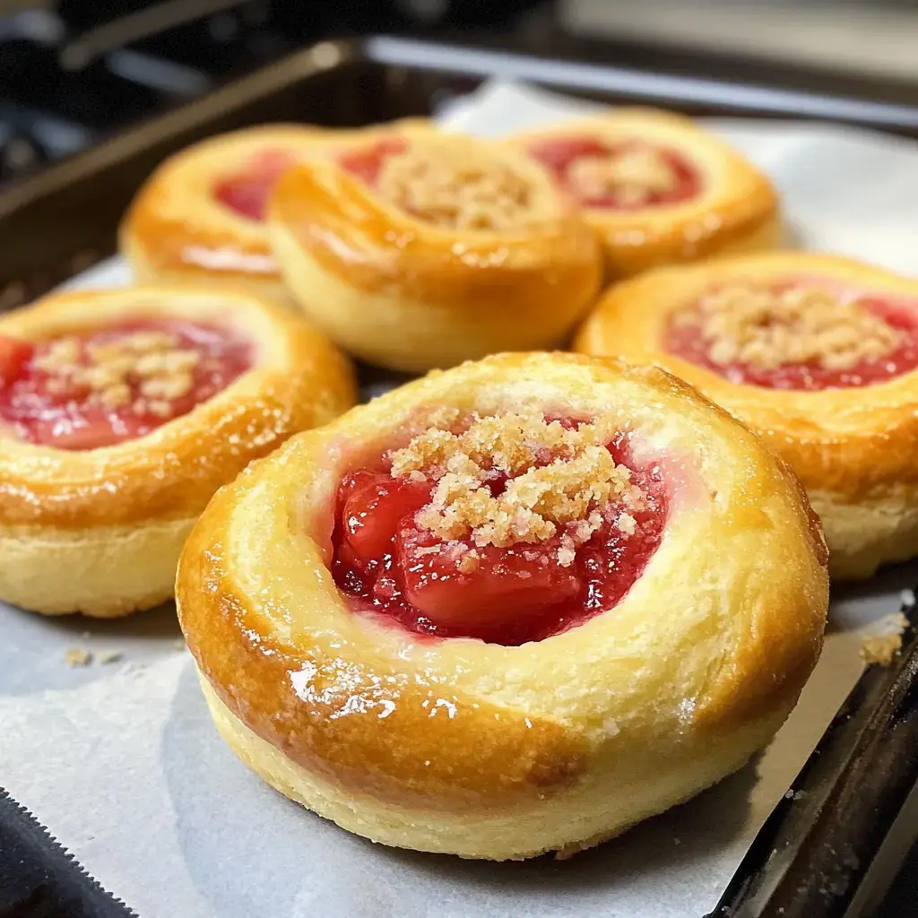 Close-up of warm sweet pastries with cherry center and crumbly topping sitting on a tray.