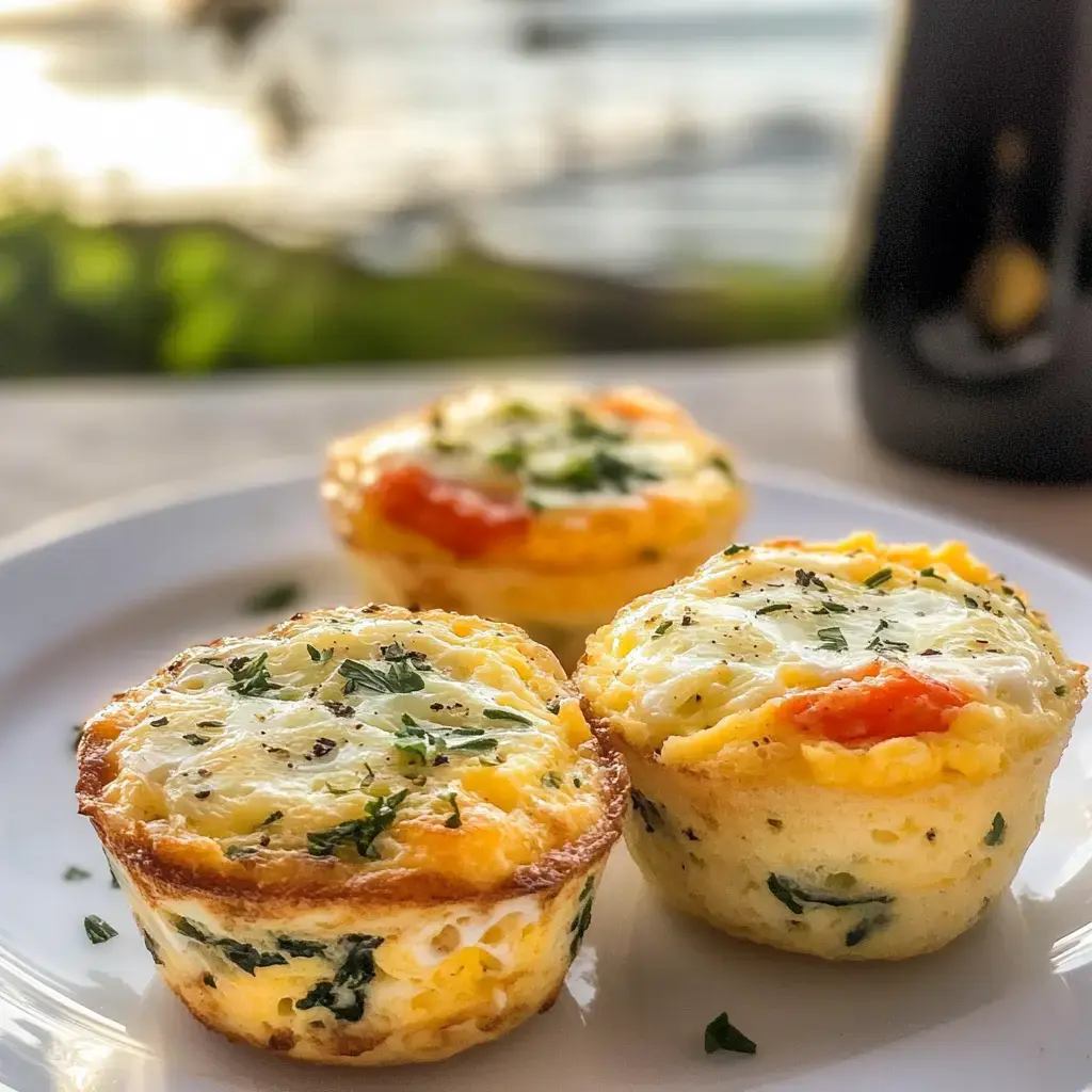 Two spinach-tomato egg muffins topped with fresh herbs sit on a white plate, blurred view in the background.