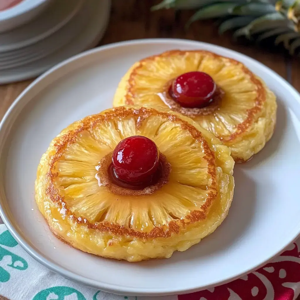 A plate showing two golden pineapple rings with bright red maraschino cherries on top.