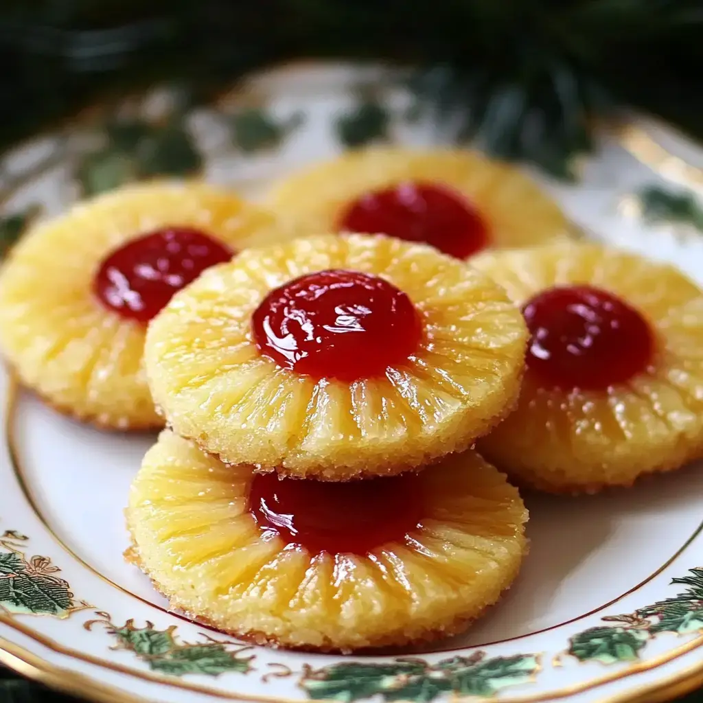 Some pineapple upside-down cookies stacked on a plate, each topped with a bright red cherry.