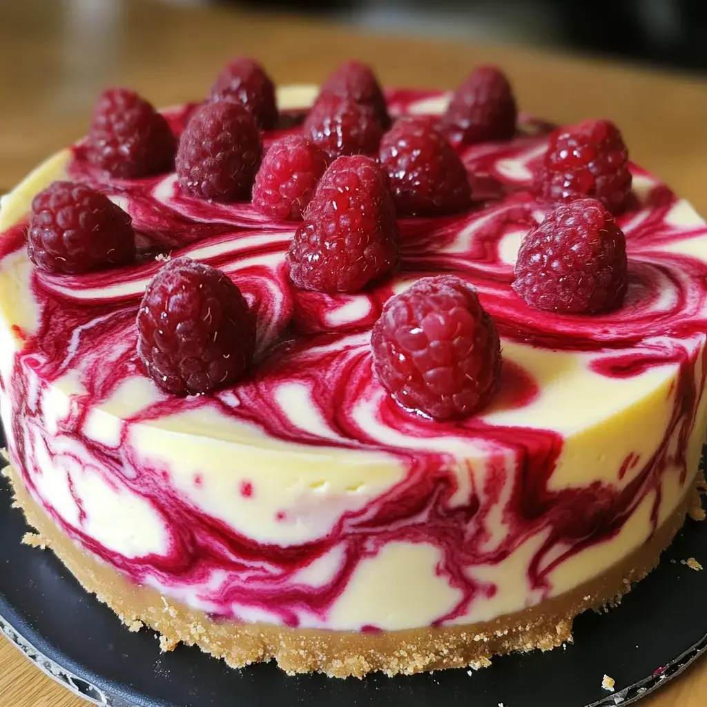 Smooth creamy cheesecake with raspberry swirls on top and fresh berries scattered all over.