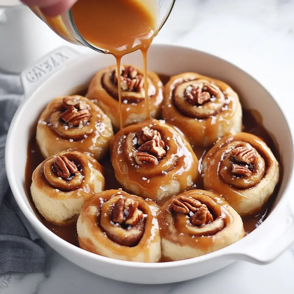 A dish of steaming hot cinnamon rolls drizzled with caramel and sprinkled with pecans, with more caramel being drizzled on top.