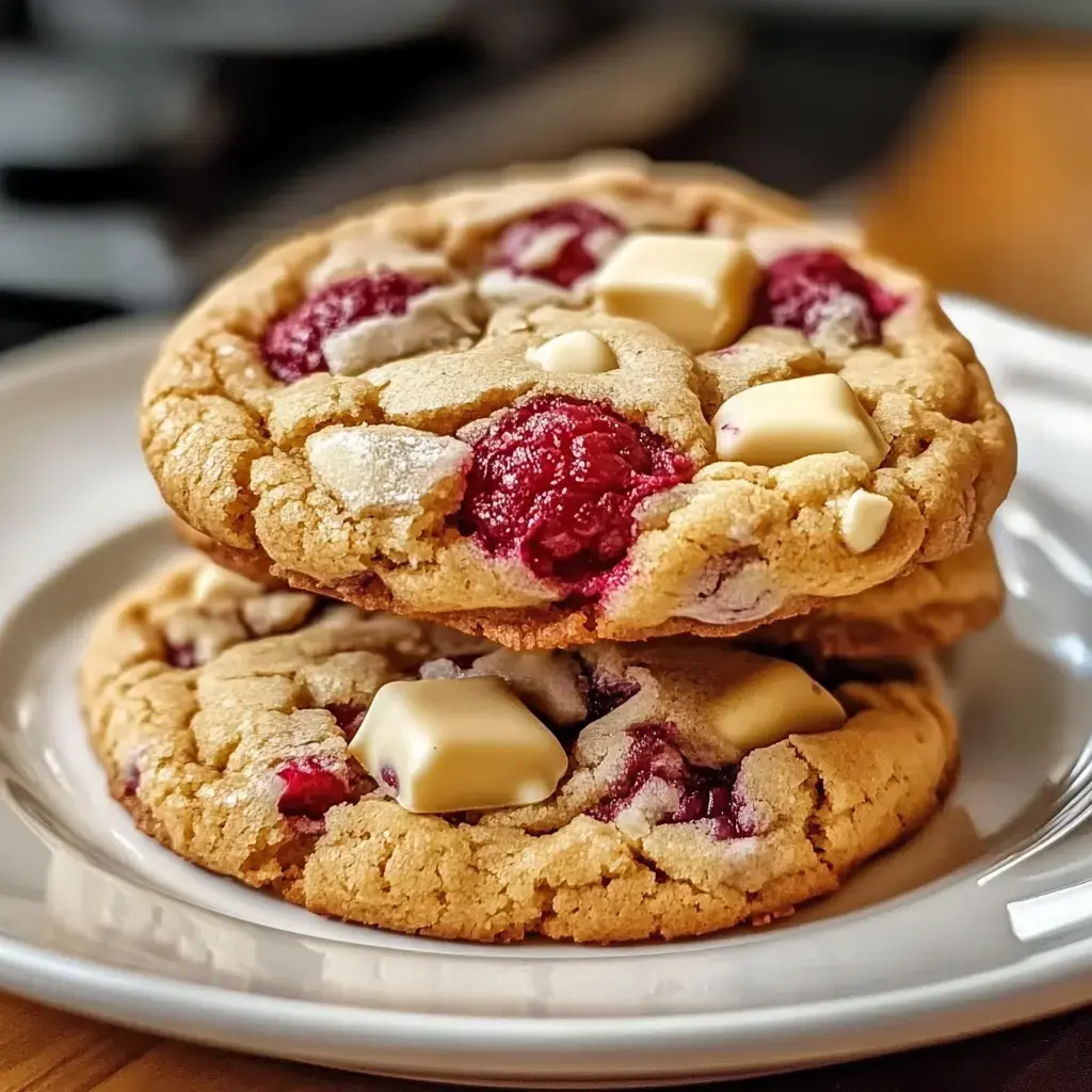 Stack of two cookies packed with bursts of raspberry and chunks of white chocolate, sitting on a plain plate.