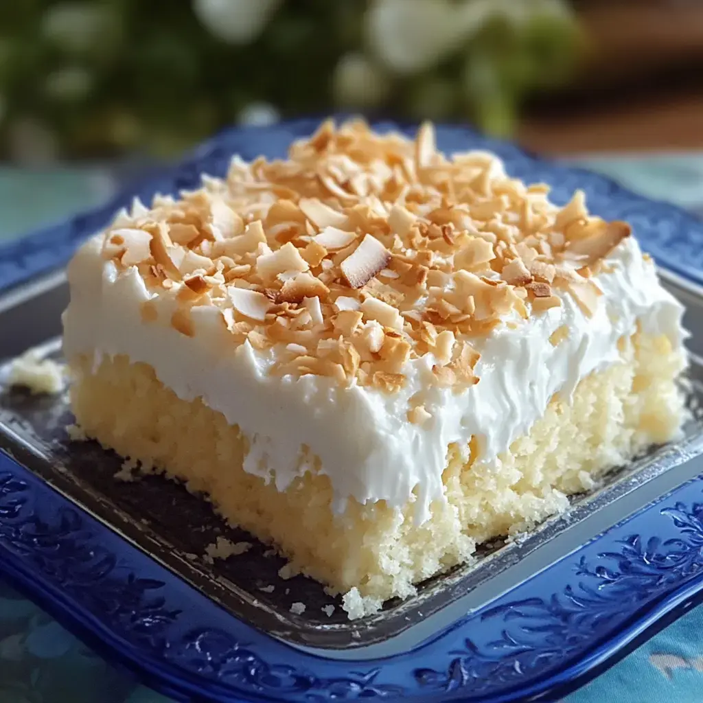 You see a piece of white layer cake that's piled with whipped topping and toasted coconut flakes, sitting on a blue patterned plate.