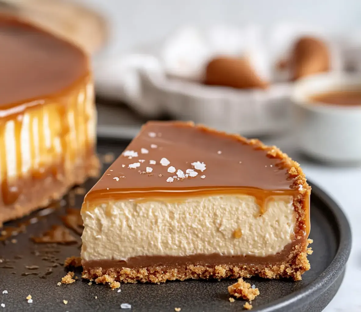 A generous slice of smooth caramel cheesecake topped with shiny caramel sauce on a crumbly graham base.
