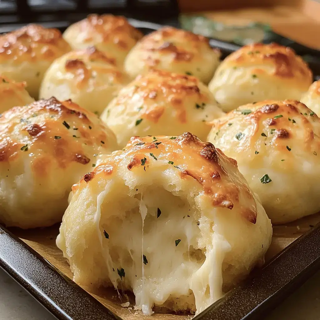 Super close shot of golden, cheesy bread balls with one pulled open showing stretchy cheese inside.